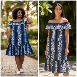 Aloha Moi Hawaii Dress L Blue Muumuu Hibiscus Floral Cotton Ruffle Pockets Midi